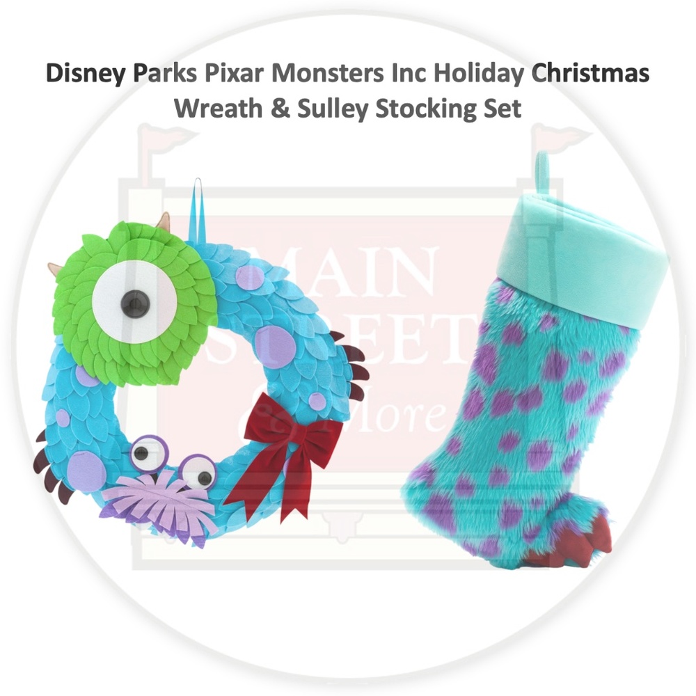 Disney Parks Pixar Monsters Inc Holiday Christmas Wreath & Sulley Stocking Set - Picture 1 of 4